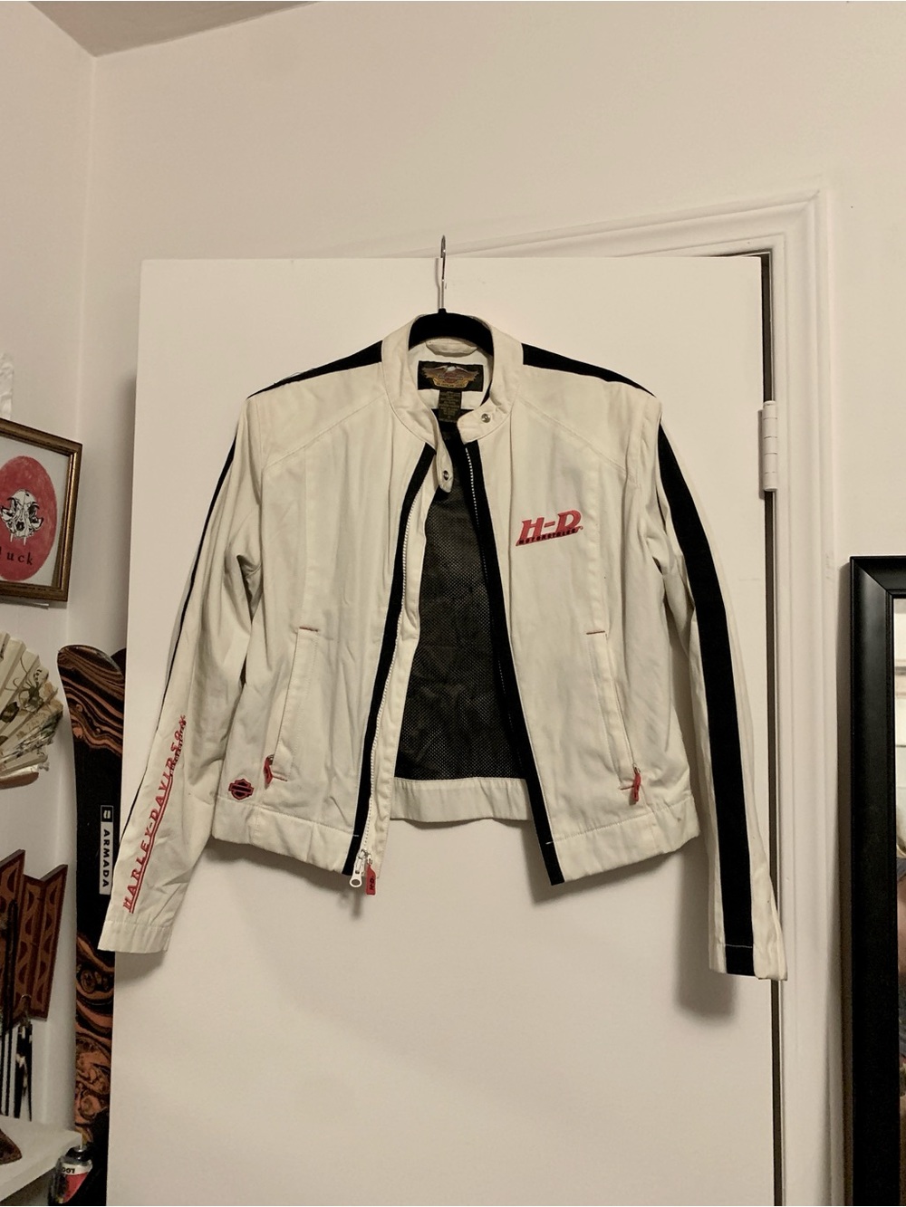 Harley-Davidson White Jacket with Black Accents and Red Logo